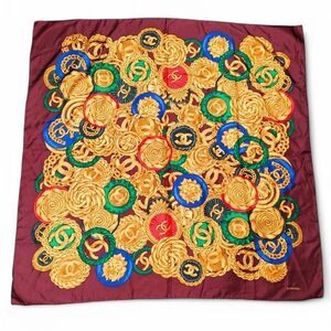 CHANEL Burgundy & Gold CC Logo Jewelry Motif Silk Scarf
